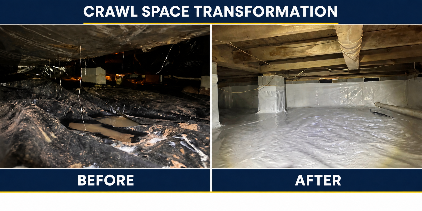 Crawlspace before and after professional encapsulation, first view