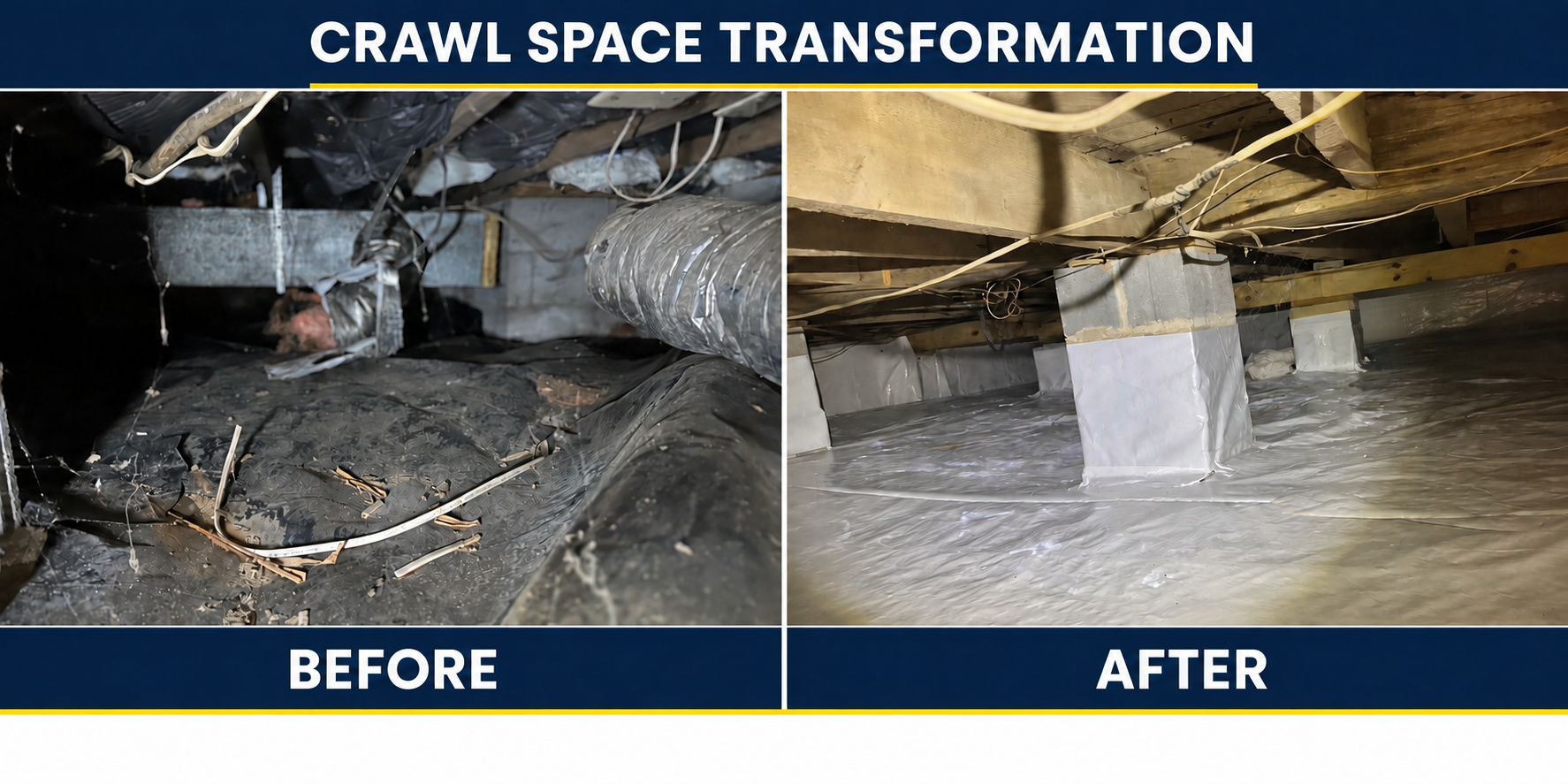 Crawlspace before and after professional encapsulation, second view