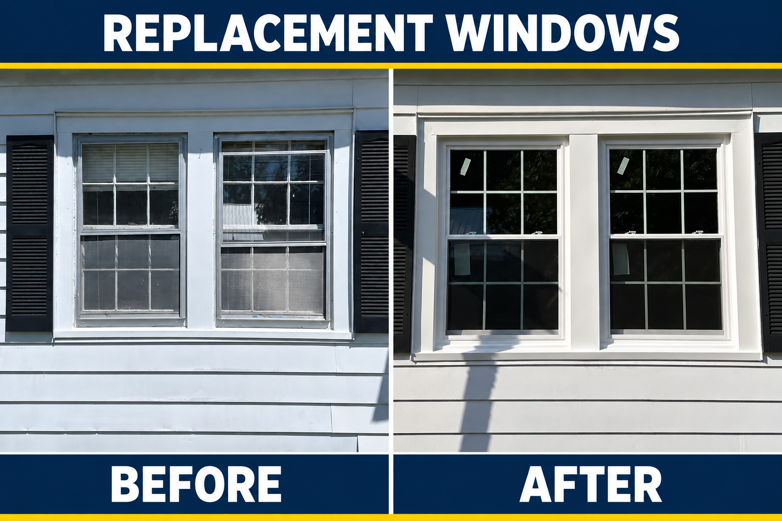 Two old windows before replacement and the completed replacement windows