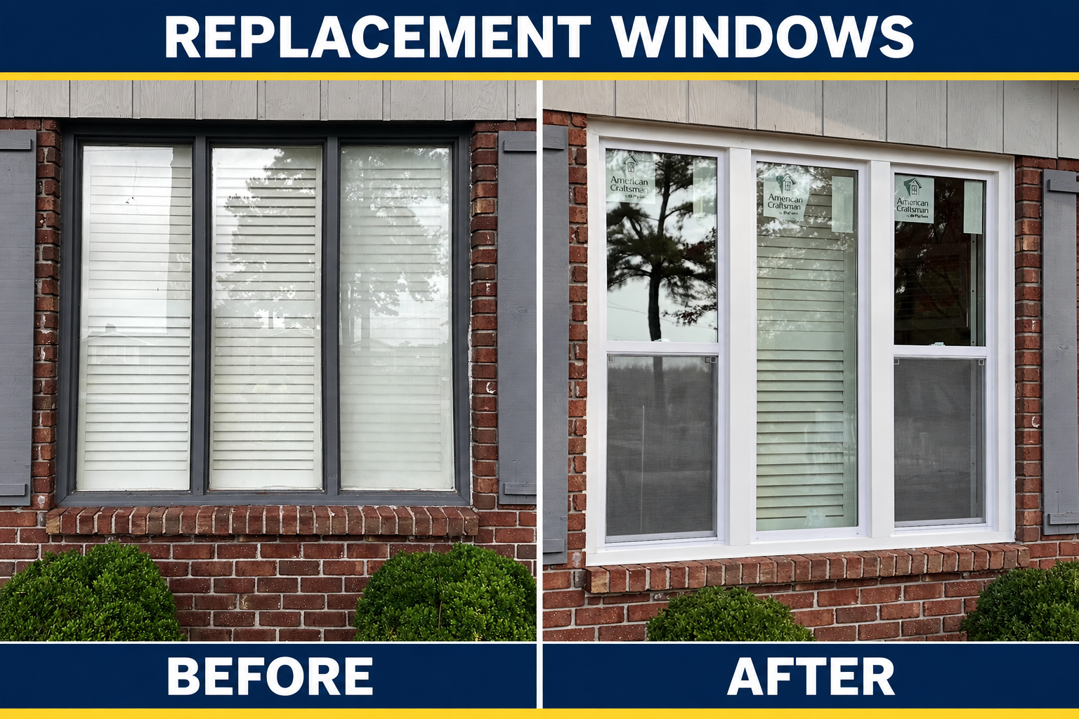 Fogged picture window before replacement and three new replacement windows after installation